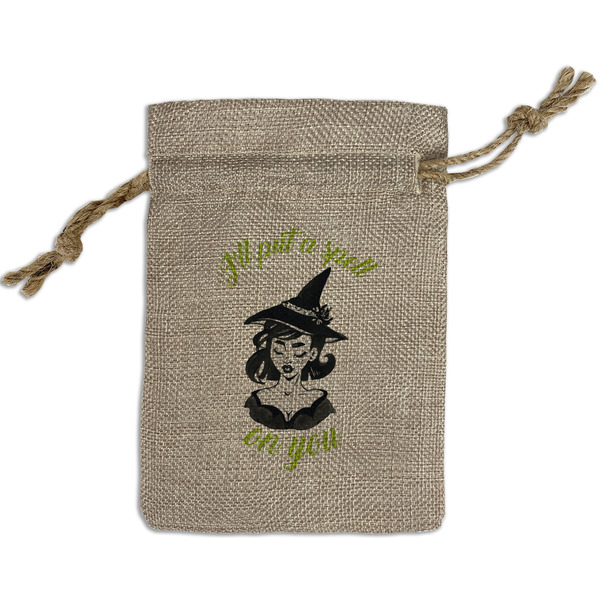 Custom Witches On Halloween Small Burlap Gift Bag - Front (Personalized)