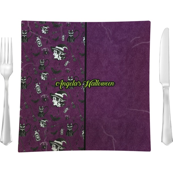 Custom Witches On Halloween Glass Square Lunch / Dinner Plate 9.5" (Personalized)