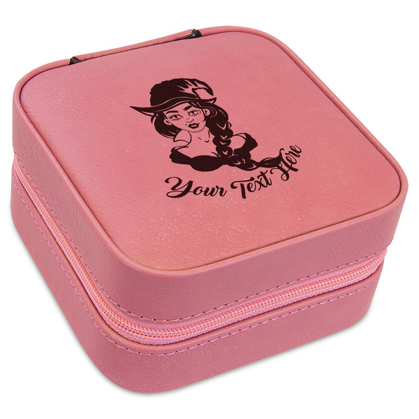 Custom Witches On Halloween Travel Jewelry Boxes - Pink Leather (Personalized)