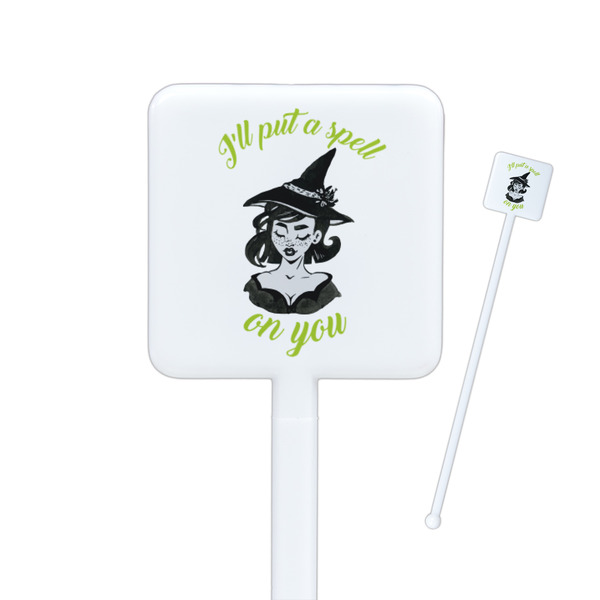 Custom Witches On Halloween Square Plastic Stir Sticks - Single Sided (Personalized)