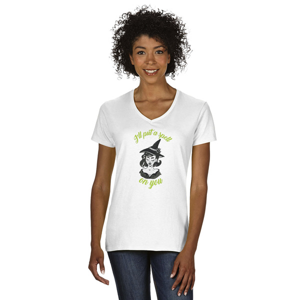 Custom Witches On Halloween Women's V-Neck T-Shirt - White - Large (Personalized)