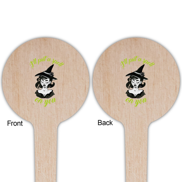 Witches On Halloween Wooden 4" Food Pick - Round - Double Sided - Front & Back