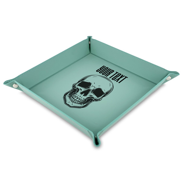 Custom Skulls Faux Leather Dice Tray - 9" x 9"  - Teal (Personalized)
