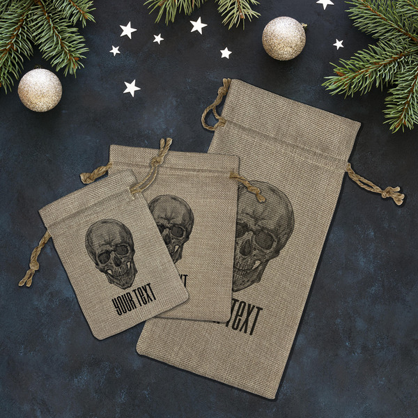 Skulls Burlap Gift Bags - LIFESTYLE (Flat lay)