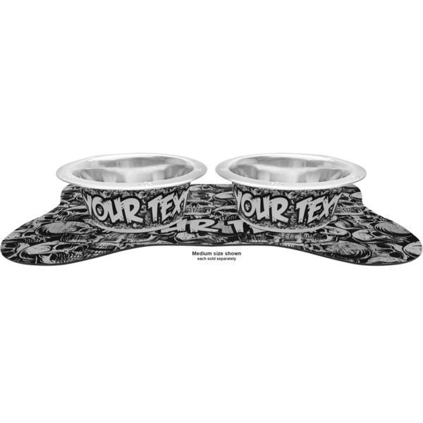 Skulls Metal Pet Bowls - On Dog Bone Shaped Mat