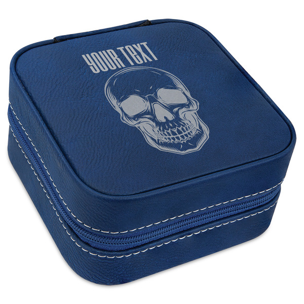 Custom Skulls Travel Jewelry Box - Navy Blue Leather (Personalized)
