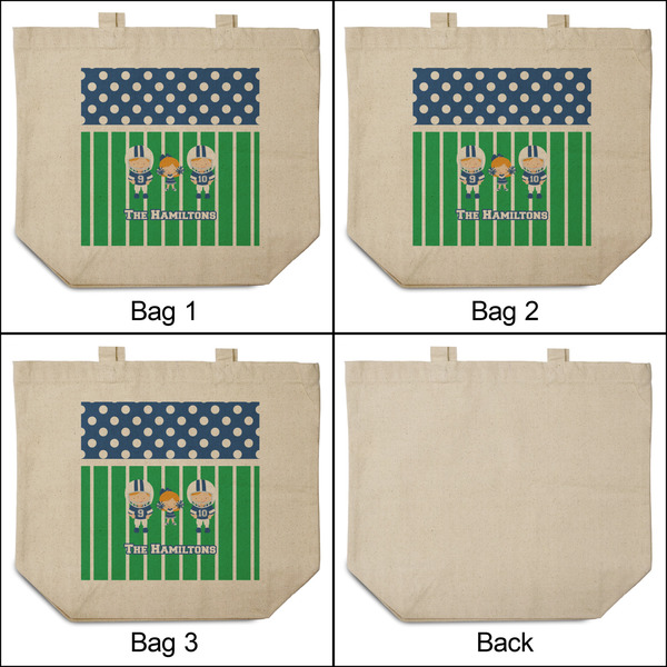 Football 3 Reusable Cotton Grocery Bags - Front & Back View