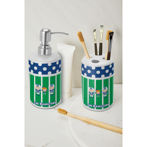 Football Ceramic Bathroom Accessories - LIFESTYLE (toothbrush holder & soap dispenser)