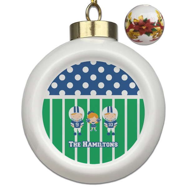 Custom Football Ceramic Ball Ornaments - Poinsettia Garland (Personalized)