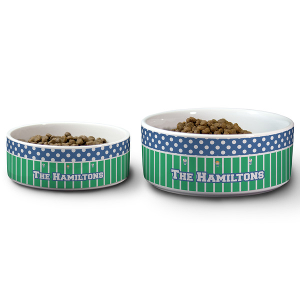Football Ceramic Dog Bowls - Size Comparison