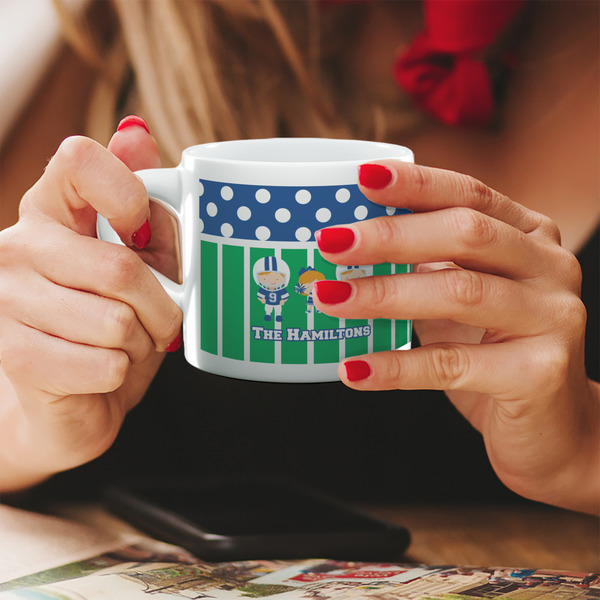Football Espresso Cup - 6oz (Double Shot) LIFESTYLE (Woman hands cropped)