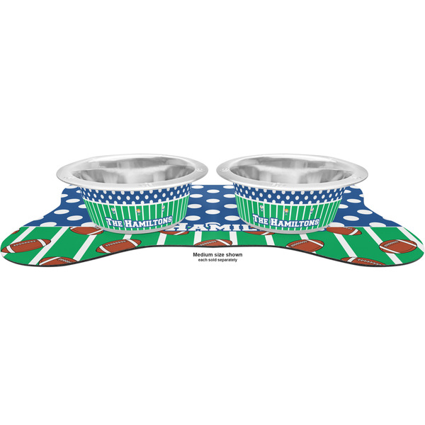 Football Metal Pet Bowls - On Dog Bone Shaped Mat