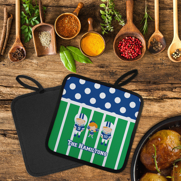 Football Neoprene Pot Holder - Set of 2  LIFESTYLE (Flatlay)