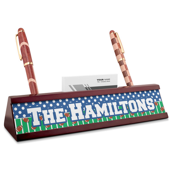 Custom Football Red Mahogany Nameplate with Business Card Holder (Personalized)