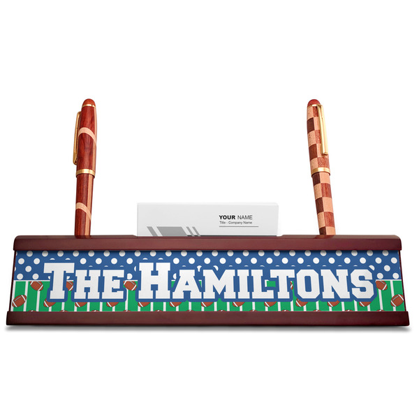 Football Red Mahogany Nameplates with Business Card Holder - Straight
