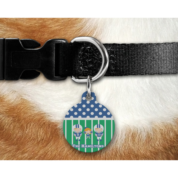 Football Round Pet Tag on Collar & Dog