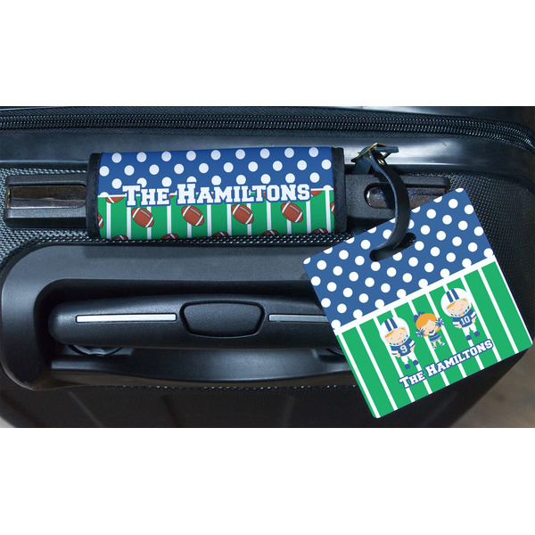 Football Square Luggage Tag & Handle Wrap - In Context