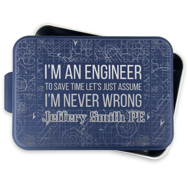 Engineer Quotes Aluminum Baking Pan - Navy Lid - FRONT w/lid off