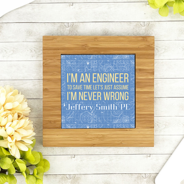 Engineer Quotes Bamboo Trivet with 6" Tile - LIFESTYLE