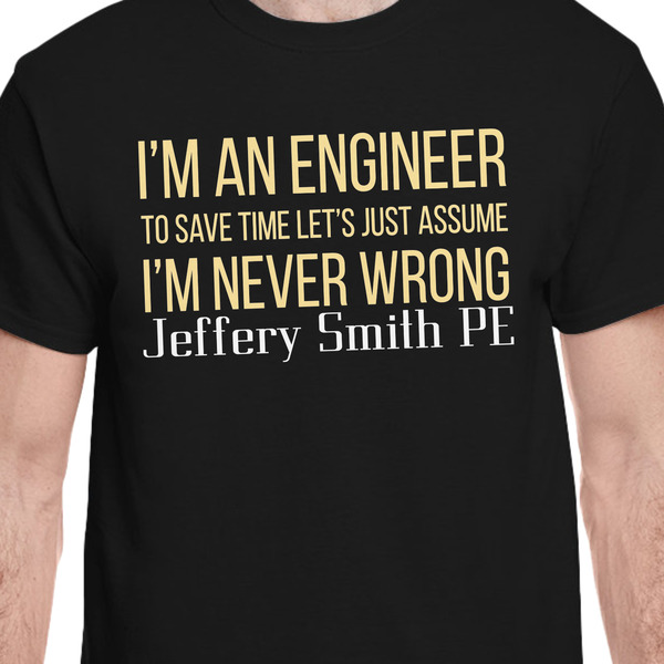Engineer Quotes Black Crew T-Shirt on Model - CloseUp