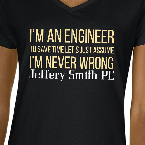 Engineer Quotes Black V-Neck T-Shirt on Model - CloseUp