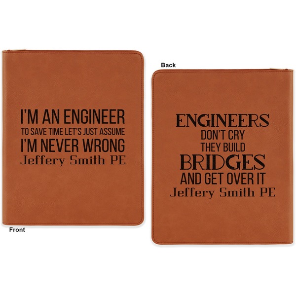 Engineer Quotes Cognac Leatherette Zipper Portfolios with Notepad - Double Sided - Apvl