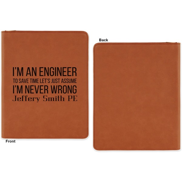 Engineer Quotes Cognac Leatherette Zipper Portfolios with Notepad - Single Sided - Apvl