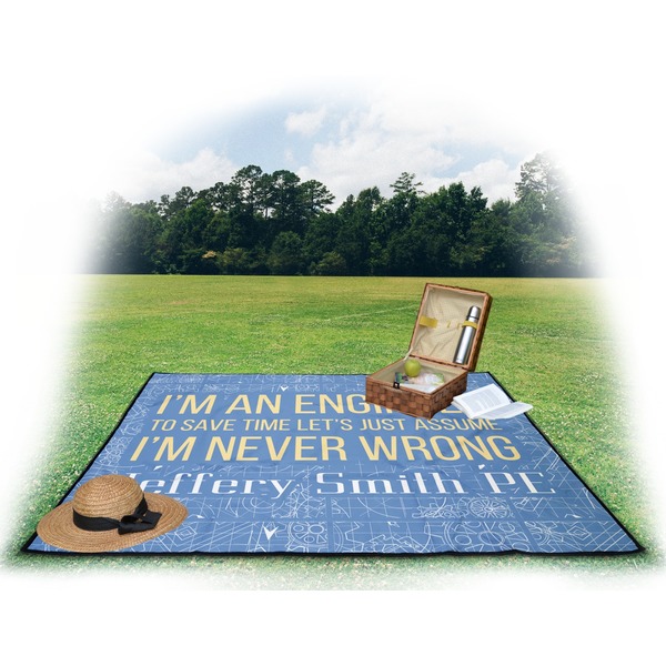 Engineer Quotes Picnic Blanket - with Basket Hat and Book - in Use