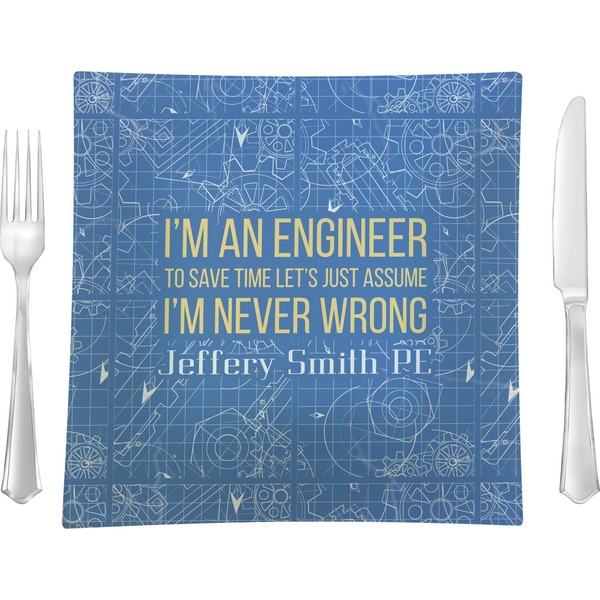 Custom Engineer Quotes 9.5" Glass Square Lunch / Dinner Plate- Single or Set of 4 (Personalized)