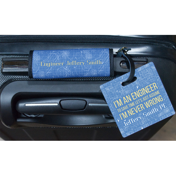 Engineer Quotes Square Luggage Tag & Handle Wrap - In Context