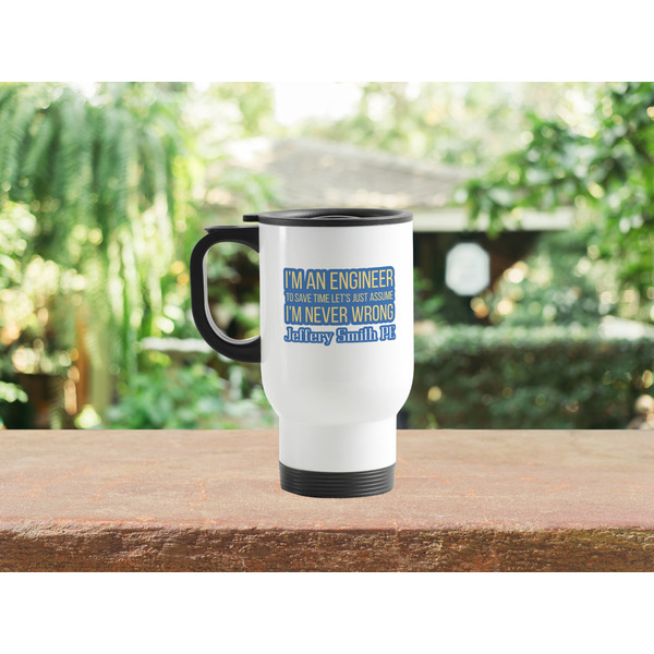 Engineer Quotes Stainless Steel Travel Mug with Handle Lifestyle