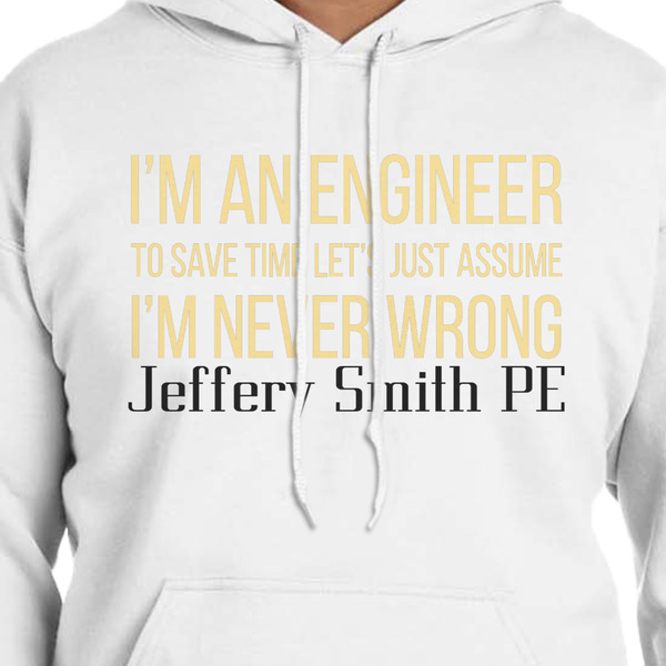 Engineer Quotes White Hoodie on Model - CloseUp