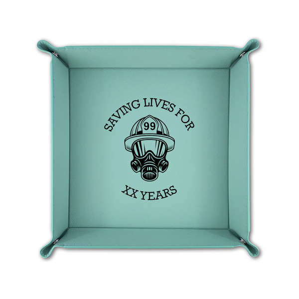 Firefighter 6" x 6" Teal Leatherette Snap Up Tray - FOLDED UP
