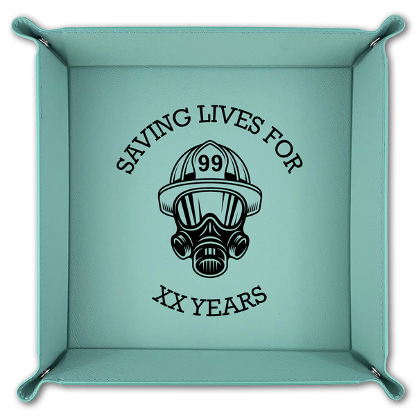 Firefighter 9" x 9" Teal Leatherette Snap Up Tray - FOLDED