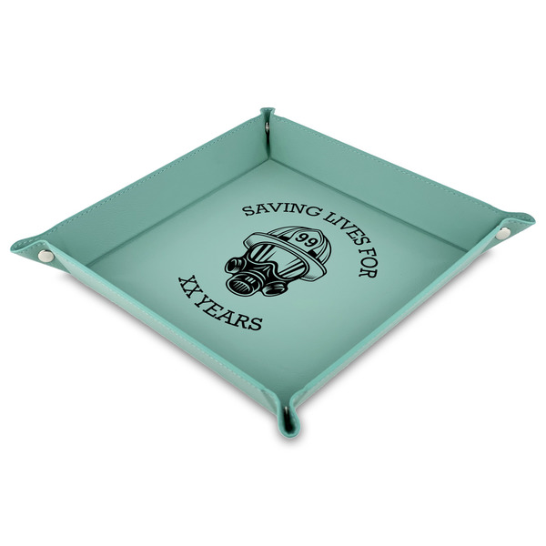 Custom Firefighter 9" x 9" Teal Faux Leather Valet Tray (Personalized)