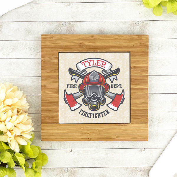 Firefighter Bamboo Trivet with 6" Tile - LIFESTYLE
