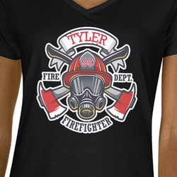 Firefighter Women's V-Neck T-Shirt - Black - Medium (Personalized)