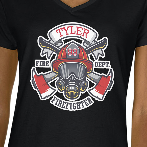 Firefighter Black V-Neck T-Shirt on Model - CloseUp