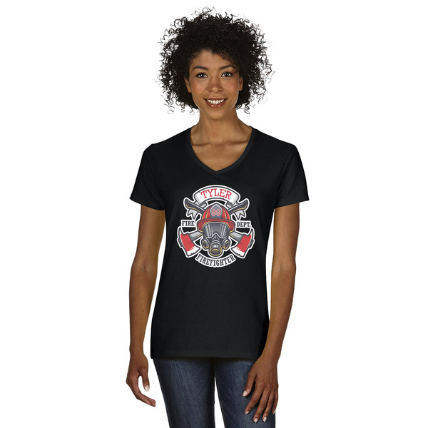 Custom Firefighter Women's V-Neck T-Shirt - Black (Personalized)