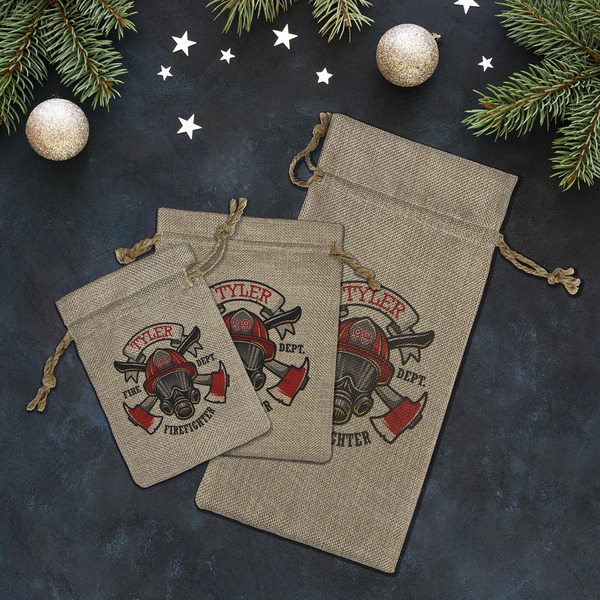 Firefighter Burlap Gift Bags - LIFESTYLE (Flat lay)