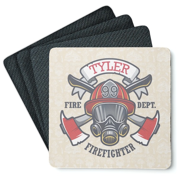 Custom Firefighter Square Rubber Backed Coasters - Set of 4 (Personalized)