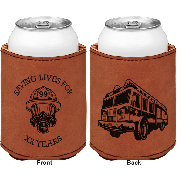 Firefighter Career Cognac Leatherette Can Sleeve - Double Sided Front and Back