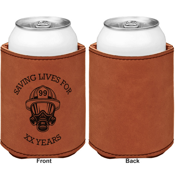 Firefighter Career Cognac Leatherette Can Sleeve - Single Sided Front and Back