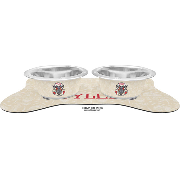 Firefighter Career Metal Pet Bowls - On Dog Bone Shaped Mat