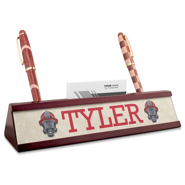 Custom Firefighter Red Mahogany Nameplate with Business Card Holder (Personalized)