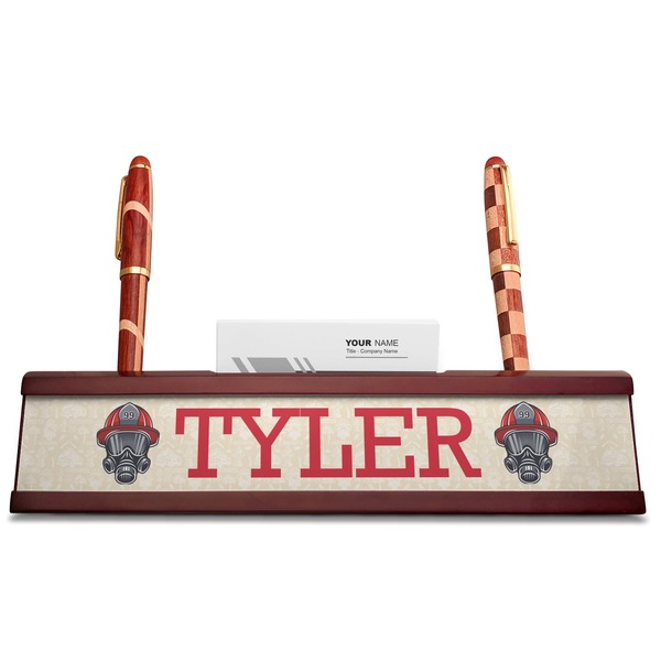 Firefighter Career Red Mahogany Nameplates with Business Card Holder - Straight