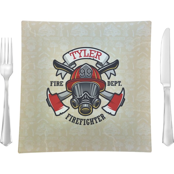 Custom Firefighter 9.5" Glass Square Lunch / Dinner Plate- Single or Set of 4 (Personalized)