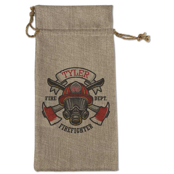 Custom Firefighter Large Burlap Gift Bag - Front (Personalized)