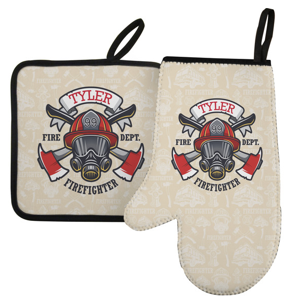 Custom Firefighter Left Oven Mitt & Pot Holder Set w/ Name or Text