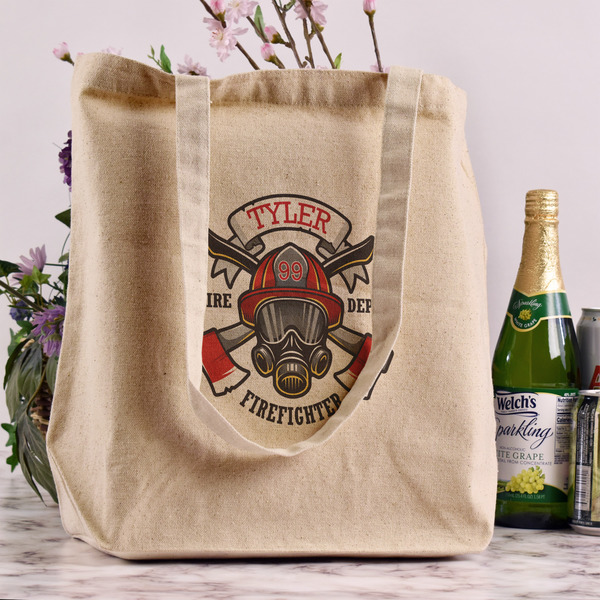 Firefighter Reusable Cotton Grocery Bag - In Context